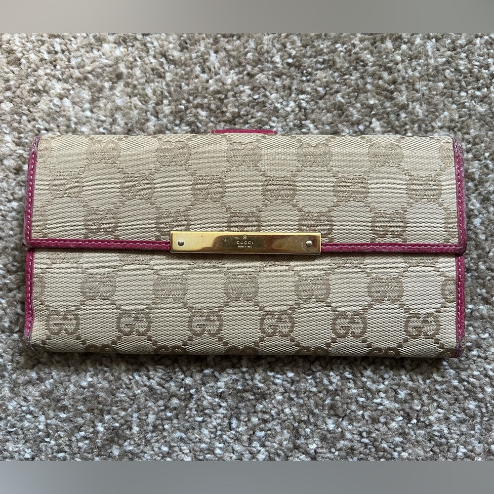 GUCCI Monogram Long Continental Wallet Beige Canvas Rose Leather Gold Hardware